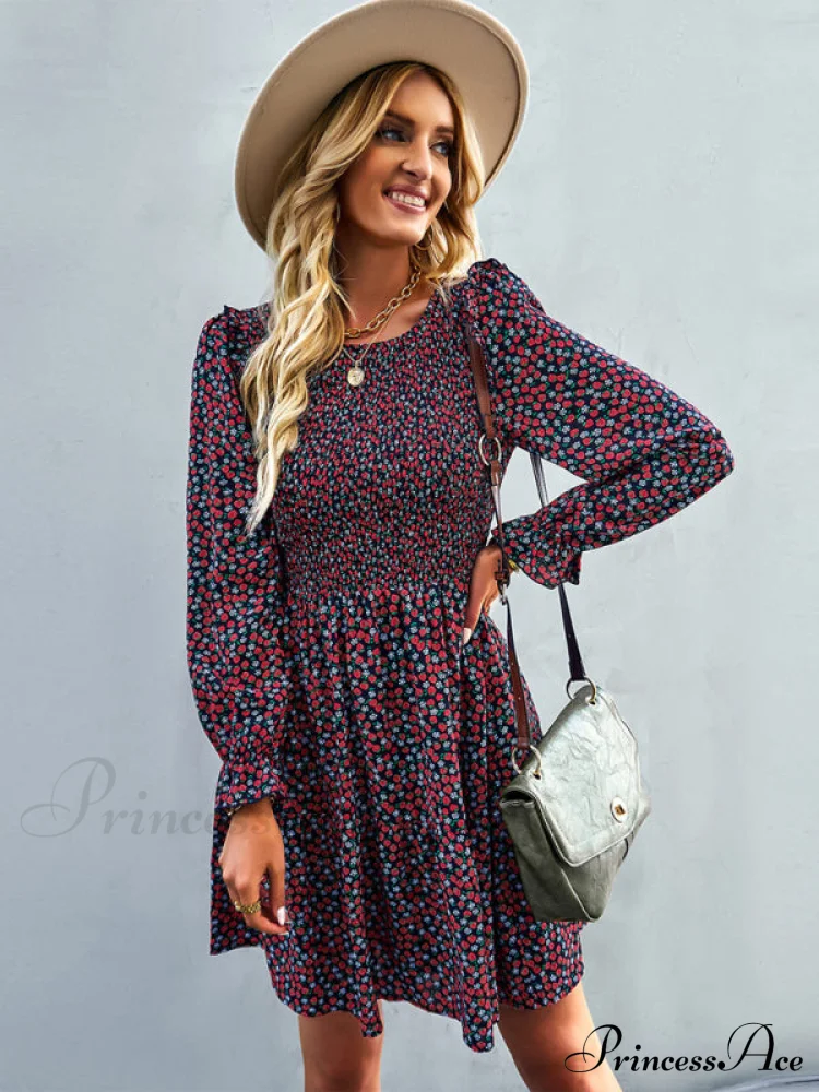 Gown Neck and for Spring A-Line Flowered Skirt Round Long-Sleeved - Summer - Image 15