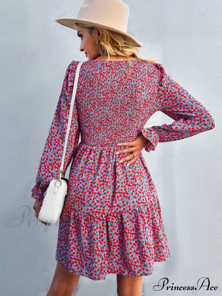 Gown Neck and for Spring A-Line Flowered Skirt Round Long-Sleeved - Summer - Image 2