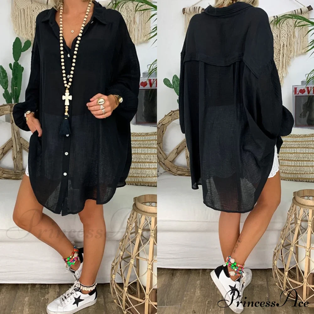 Gown Office Robe Linen Lapel Lady Long Vestidos Blouse Cotton Tunic Casual Women Solid Work Blouses Shirts Femme - Image 10