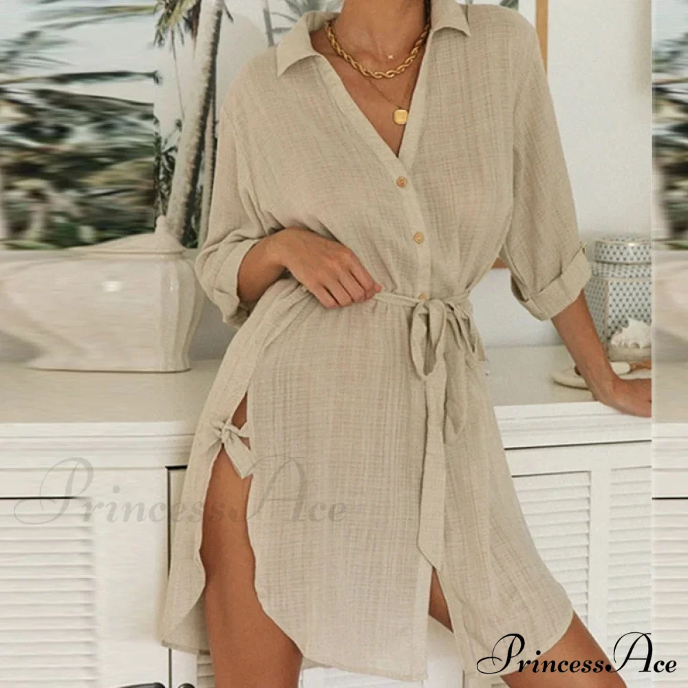 Gown Office Robe Linen Lapel Lady Long Vestidos Blouse Cotton Tunic Casual Women Solid Work Blouses Shirts Femme - Image 4