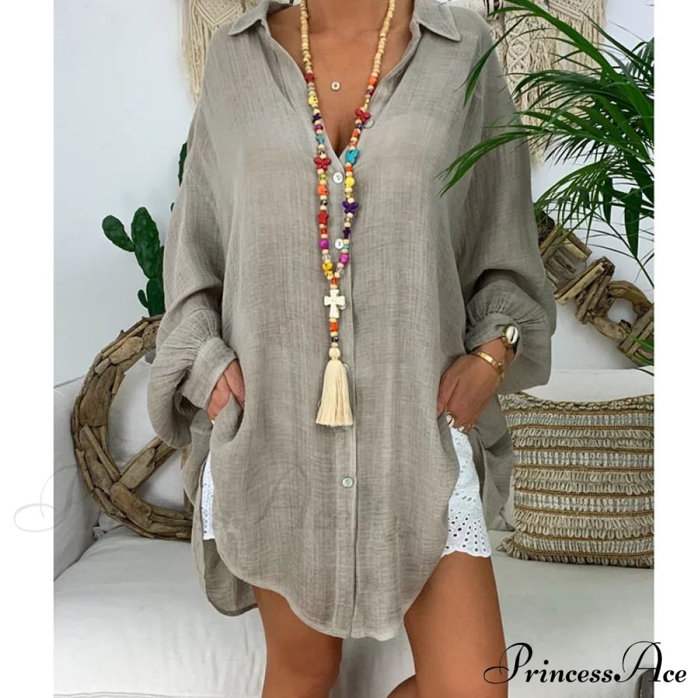 Gown Office Robe Linen Lapel Lady Long Vestidos Blouse Cotton Tunic Casual Women Solid Work Blouses Shirts Femme - Image 7