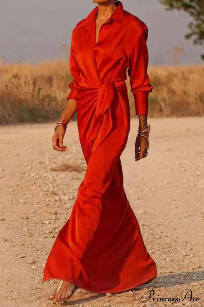 Gown Patchwork Blouse Bandage with Turndown Casual Solid Collar - Image 3