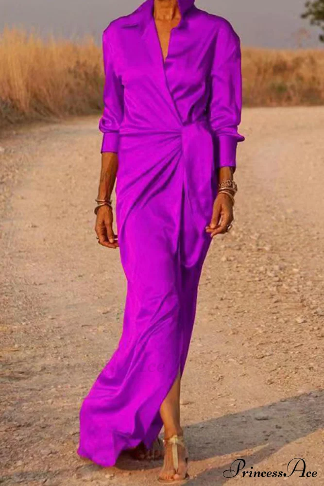 Gown Patchwork Blouse Bandage with Turndown Casual Solid Collar - Image 6