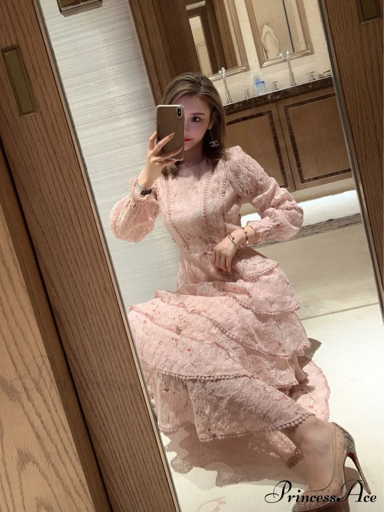 Gown Ruffle Embroidery Female Full-Length Full Elegant - Gown - - - Spring/Winter - Long Waist Pink Party Lace Arm High - - Woman - Image 5