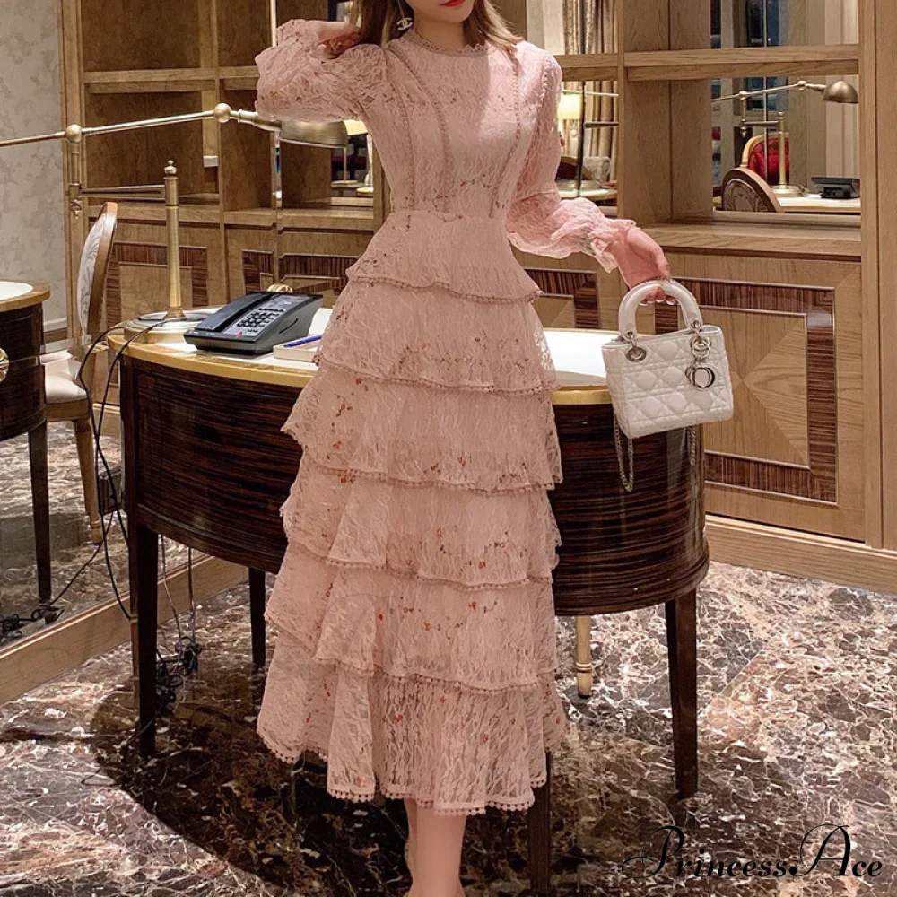 Gown Ruffle Embroidery Female Full-Length Full Elegant - Gown - - - Spring/Winter - Long Waist Pink Party Lace Arm High - - Woman - Image 7