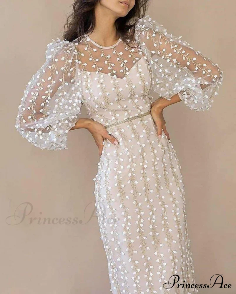 Gown Sleeves O-Neck Warm-Season with Women's Elegant Party Long Lace for and Events