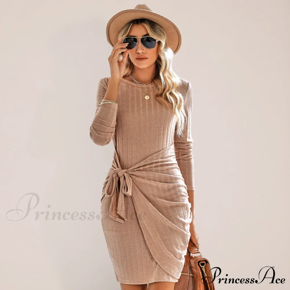 Gown Solid Rib-knit Mini Front Neck for Crew Color Tie Women - Image 11