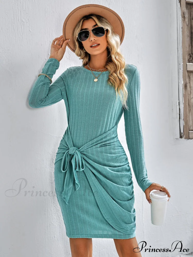 Gown Solid Rib-knit Mini Front Neck for Crew Color Tie Women - Image 18