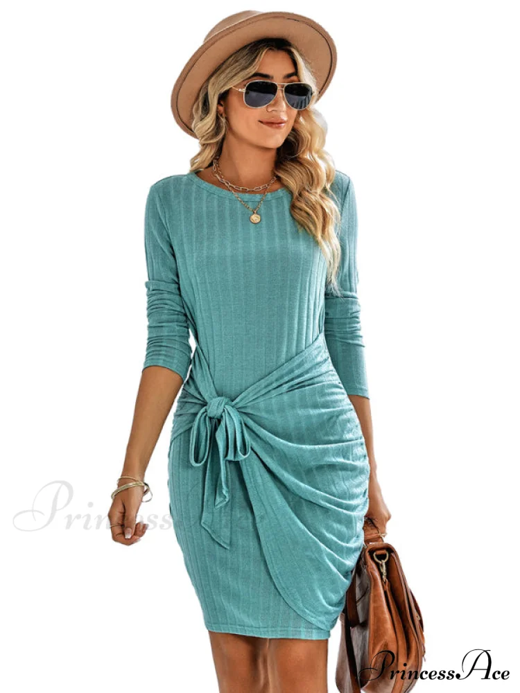 Gown Solid Rib-knit Mini Front Neck for Crew Color Tie Women - Image 19