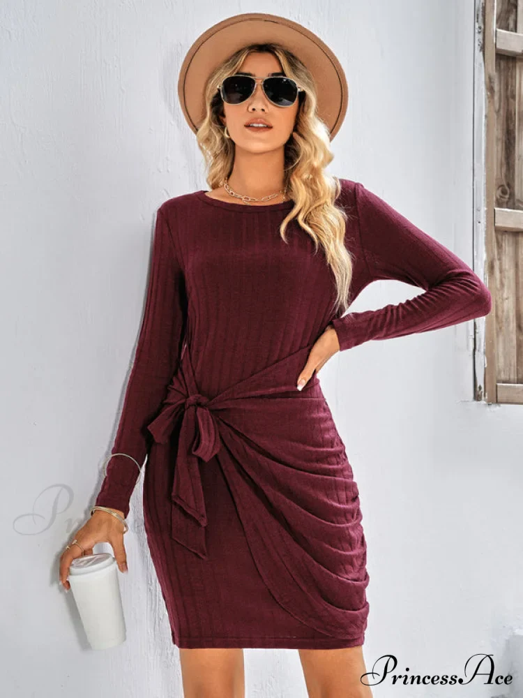 Gown Solid Rib-knit Mini Front Neck for Crew Color Tie Women - Image 3