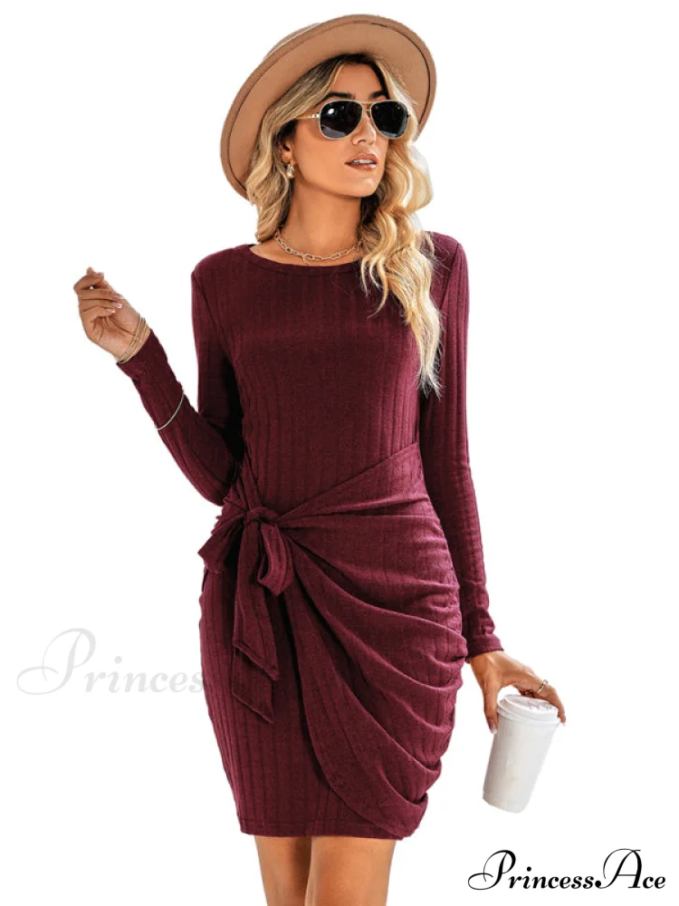 Gown Solid Rib-knit Mini Front Neck for Crew Color Tie Women - Image 5
