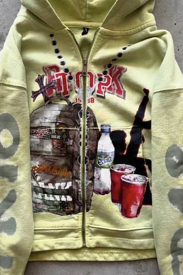 Graffiti Print Oversized Zipper Casual Hoodie - Image 2