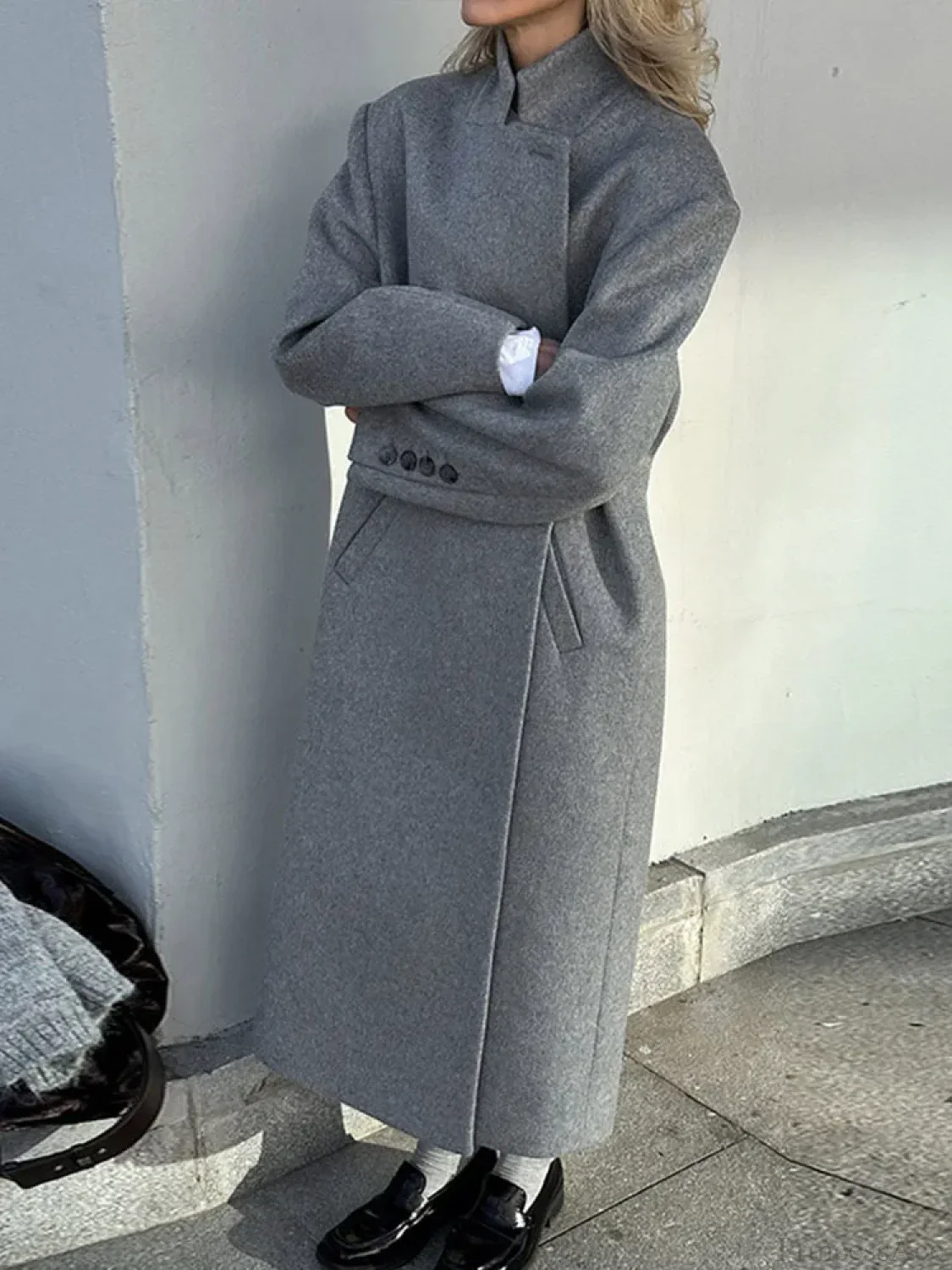 Gray Casual Wool Notched Button Up Overcoat - Image 2