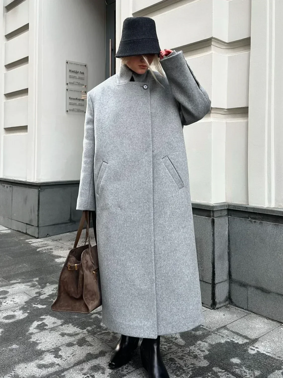 Gray Casual Wool Notched Button Up Overcoat - Image 3