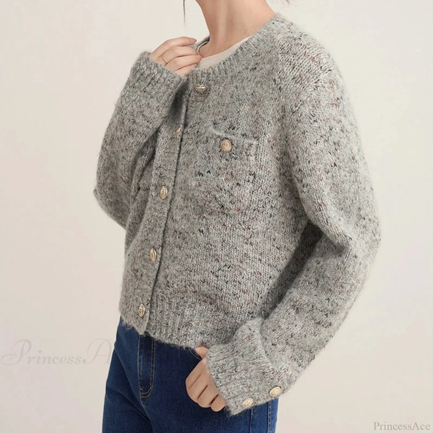 Gray Elegant O-neck Button Cardigan - Image 4