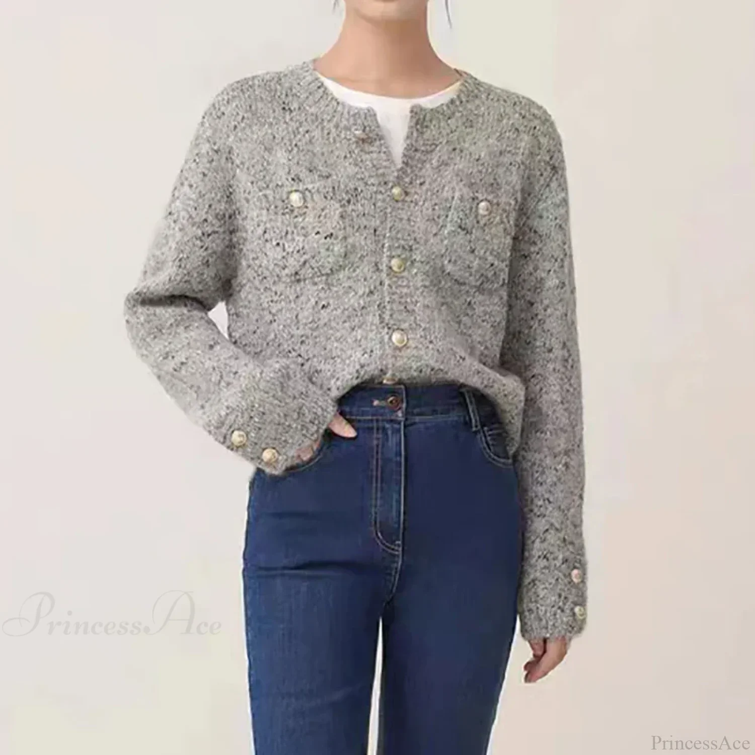 Gray Elegant O-neck Button Cardigan - Image 5