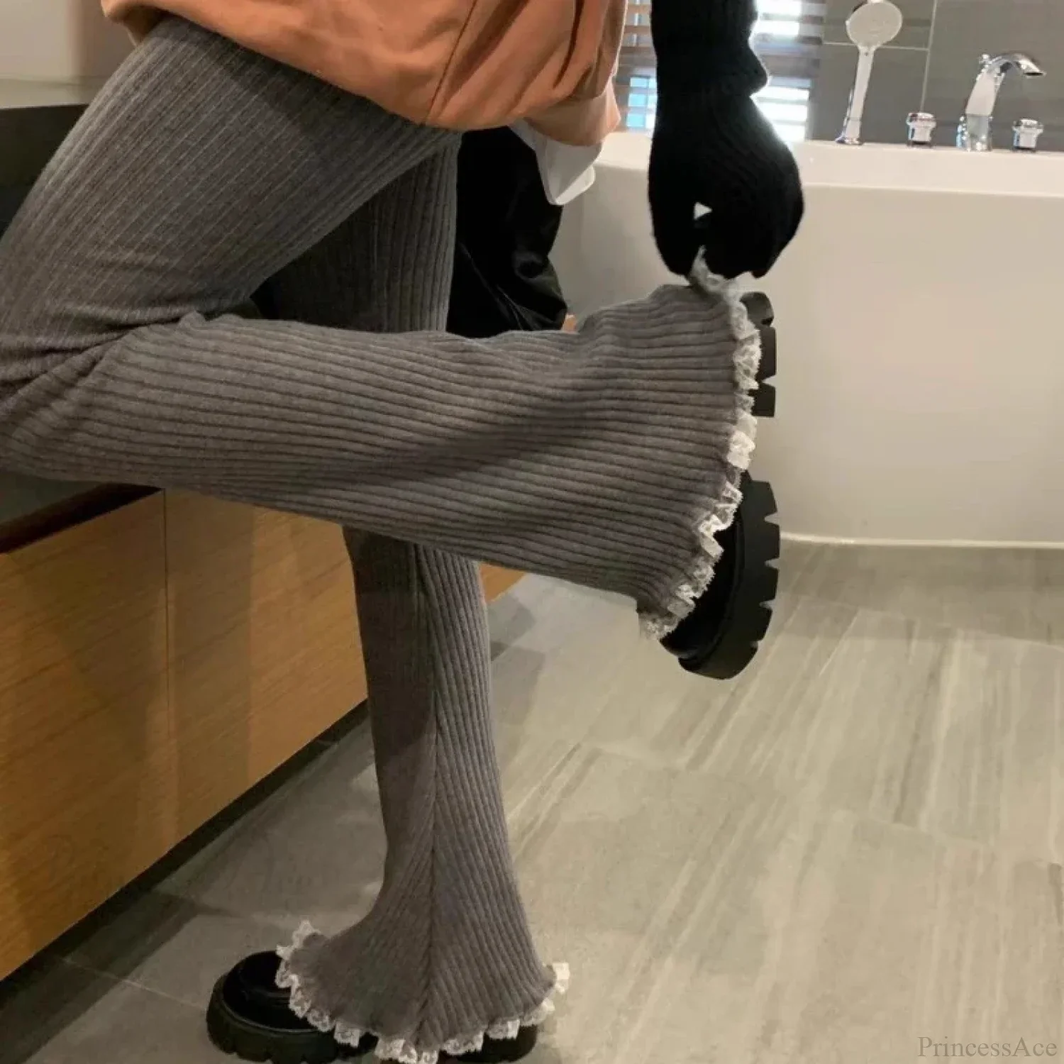Gray Lace Flare Women Casual Knit Pants
