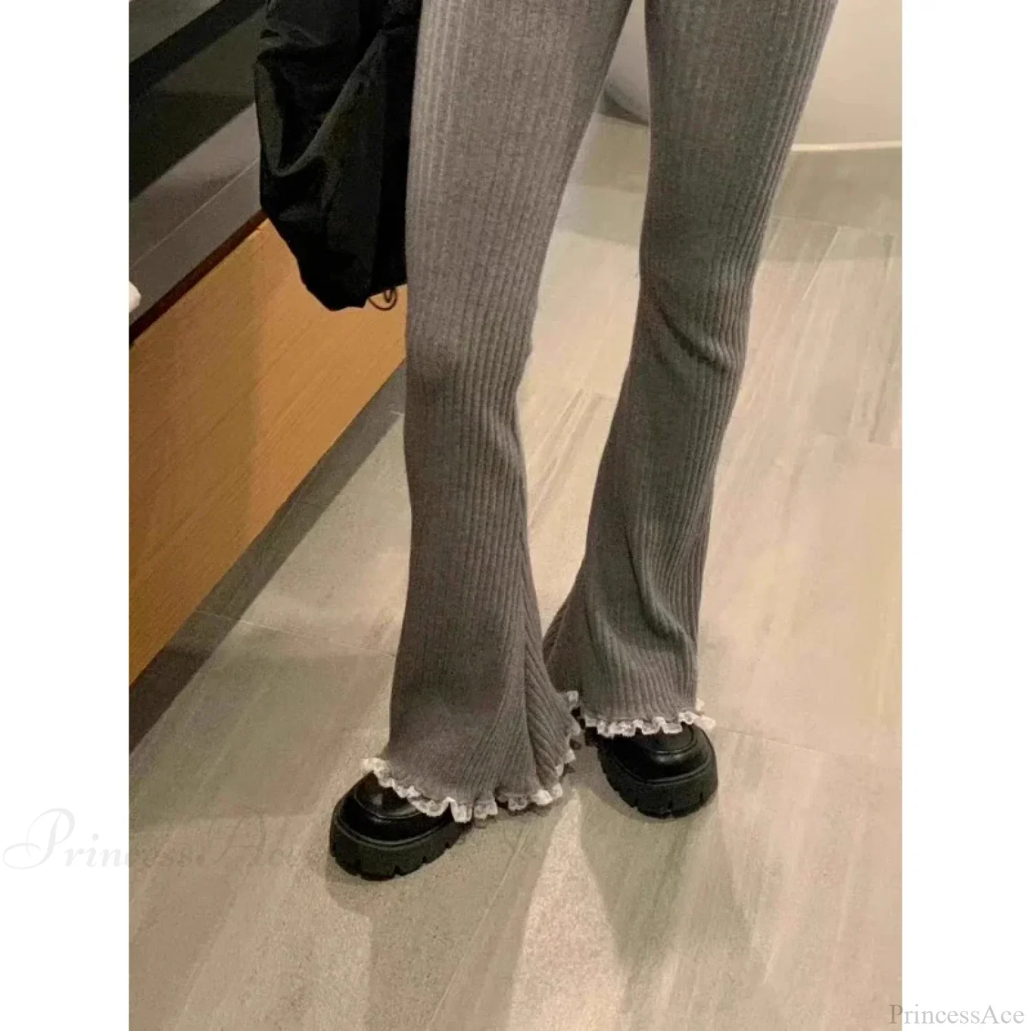 Gray Lace Flare Women Casual Knit Pants - Image 2