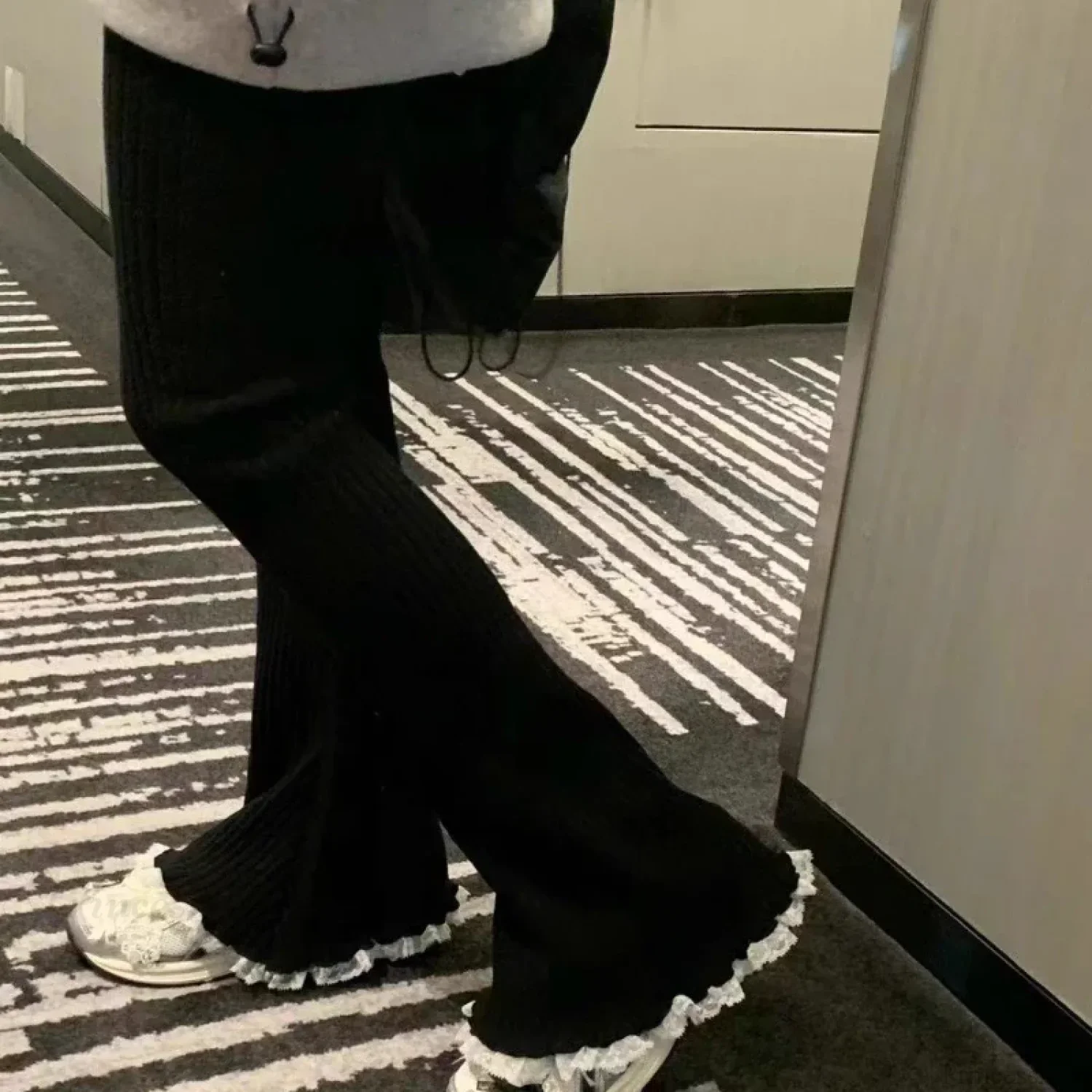 Gray Lace Flare Women Casual Knit Pants - Image 3