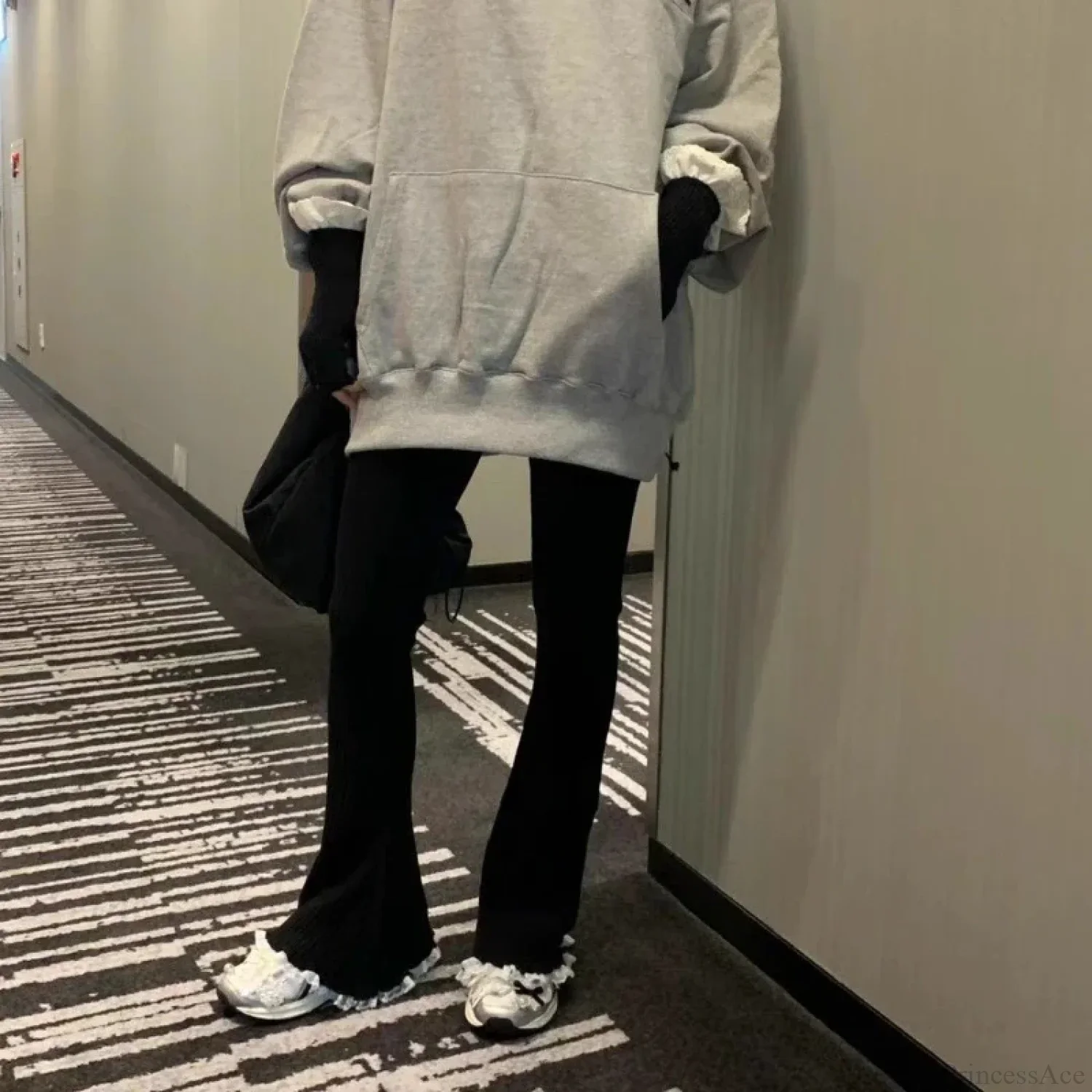 Gray Lace Flare Women Casual Knit Pants - Image 4