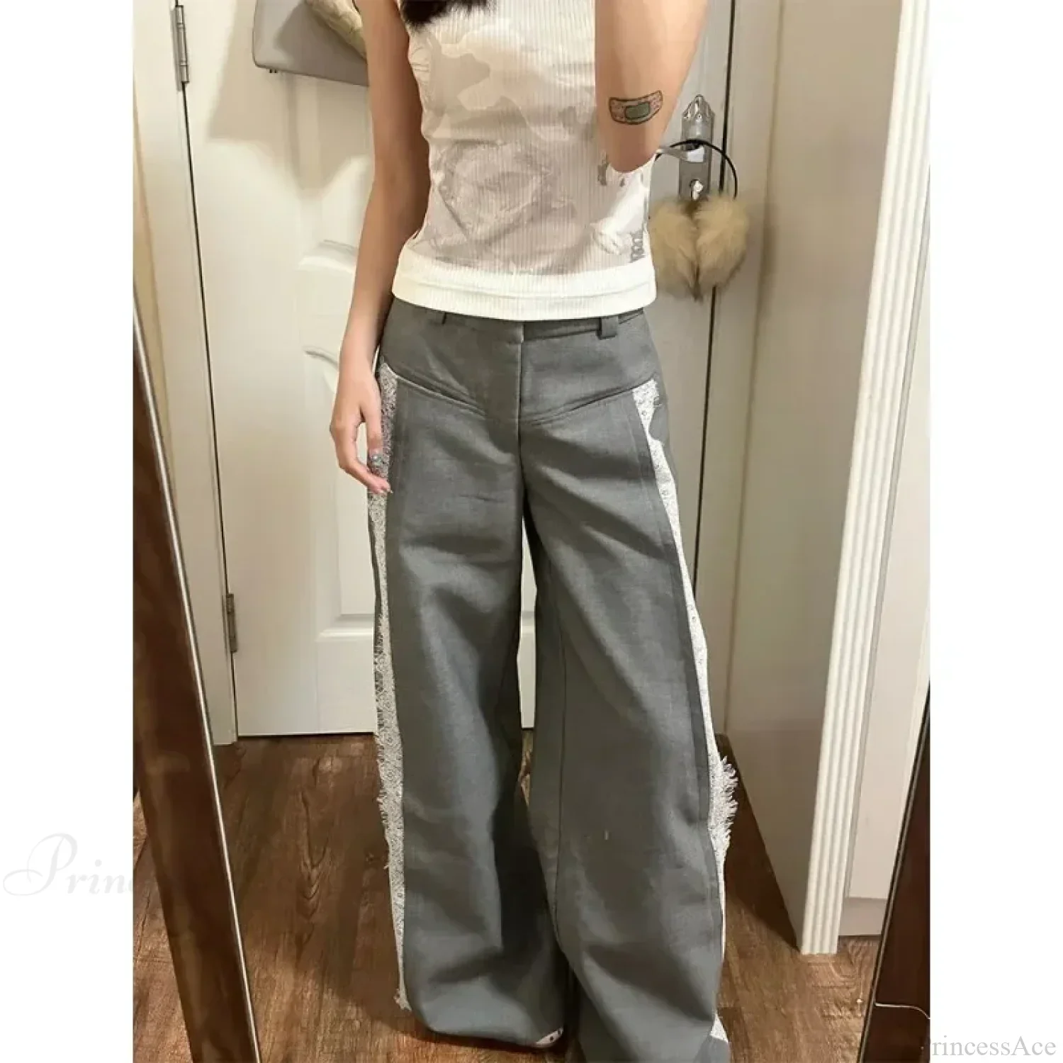 Gray Lace Y2K Women Suit Wide Leg Pants - Image 2