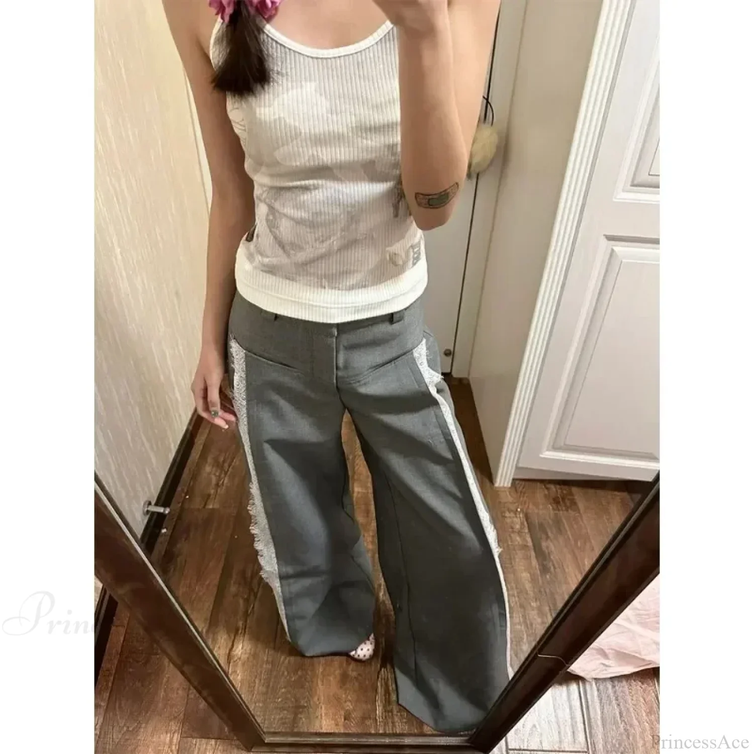Gray Lace Y2K Women Suit Wide Leg Pants - Image 3