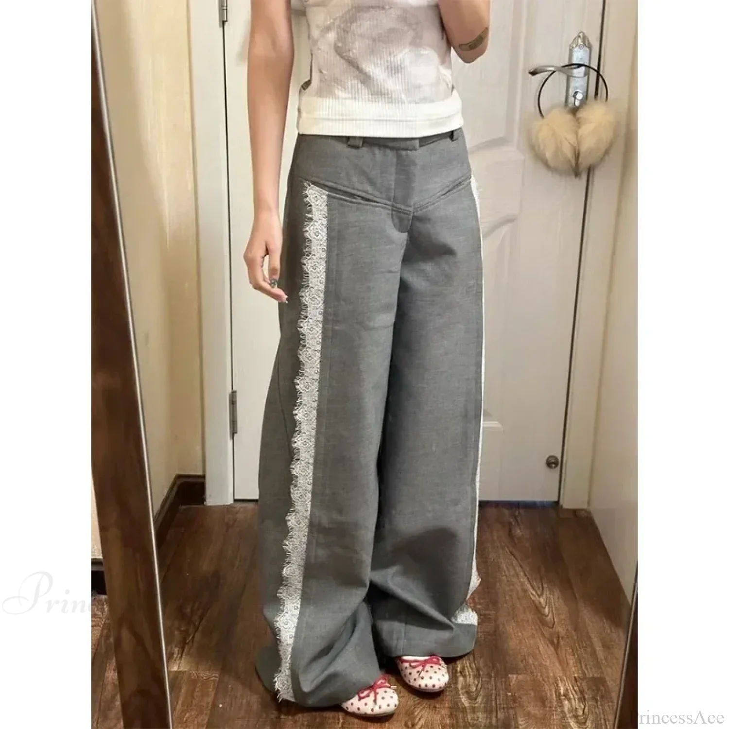 Gray Lace Y2K Women Suit Wide Leg Pants - Image 4