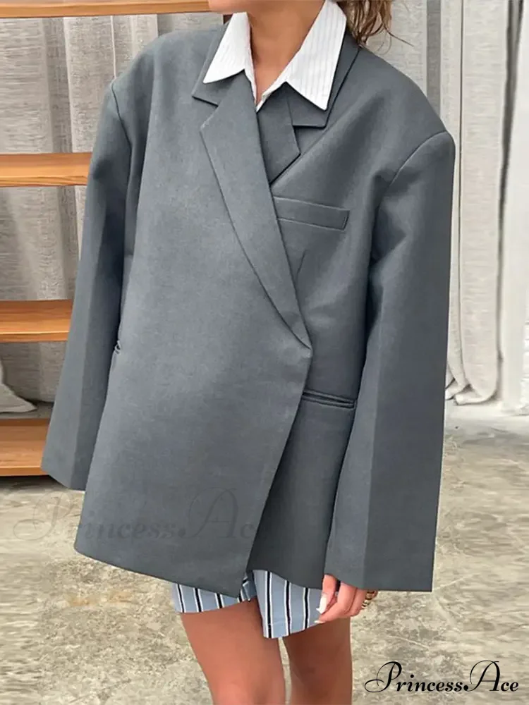 Gray Lapel Buttoned Elegant Loose Long Sleeves New Fashionable Stylish Coat - Image 6
