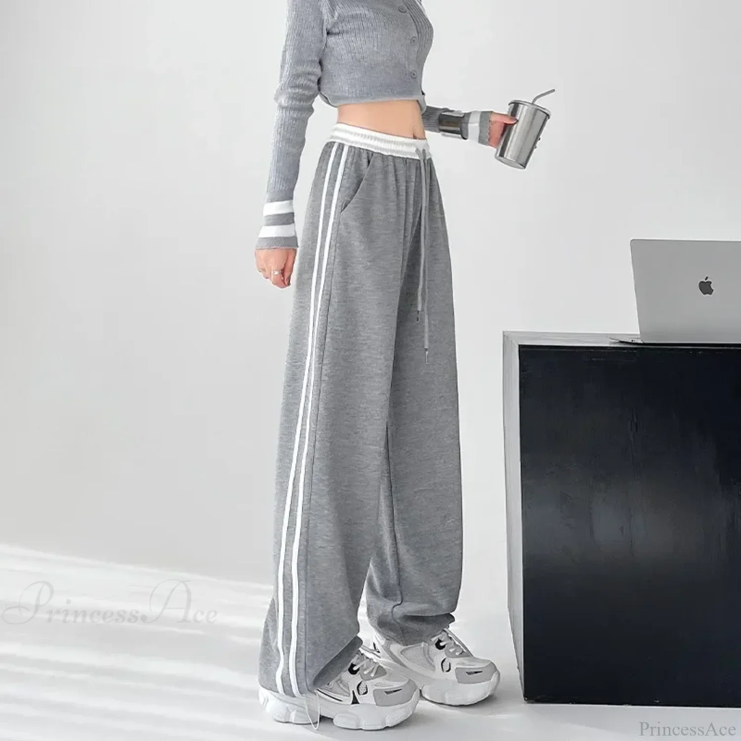Gray Striped Casual Sweatpants Pants