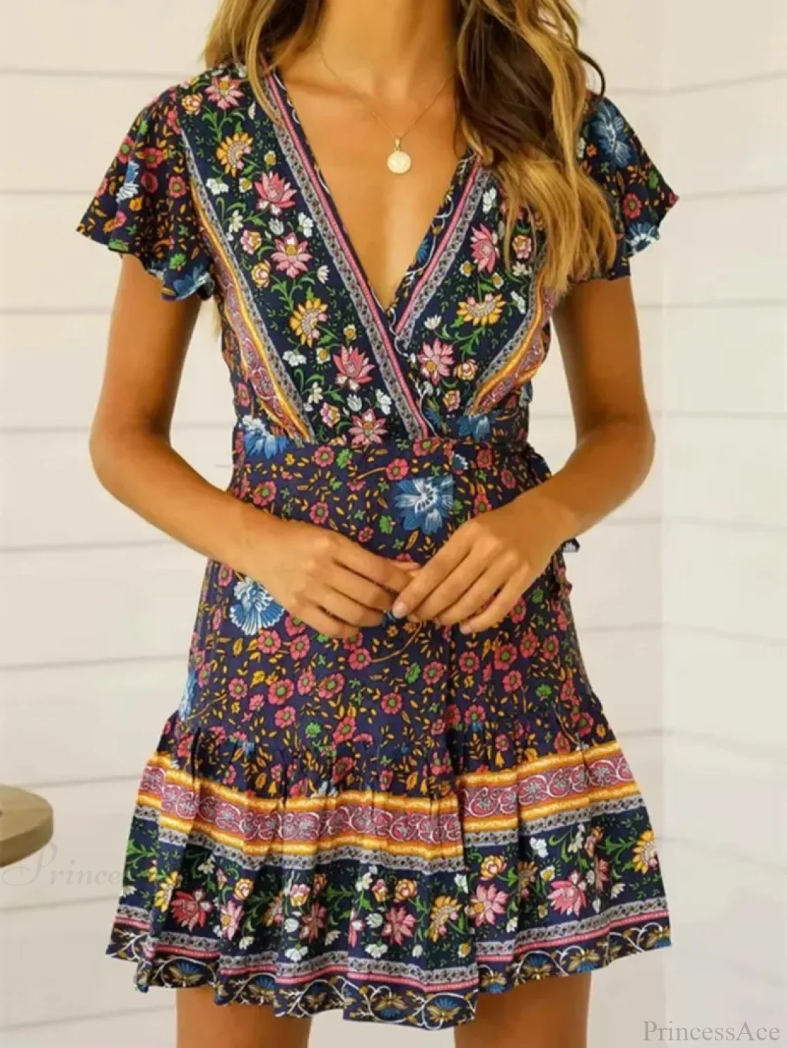 Green Floral Deep V-neck Boho Sundress - Image 4
