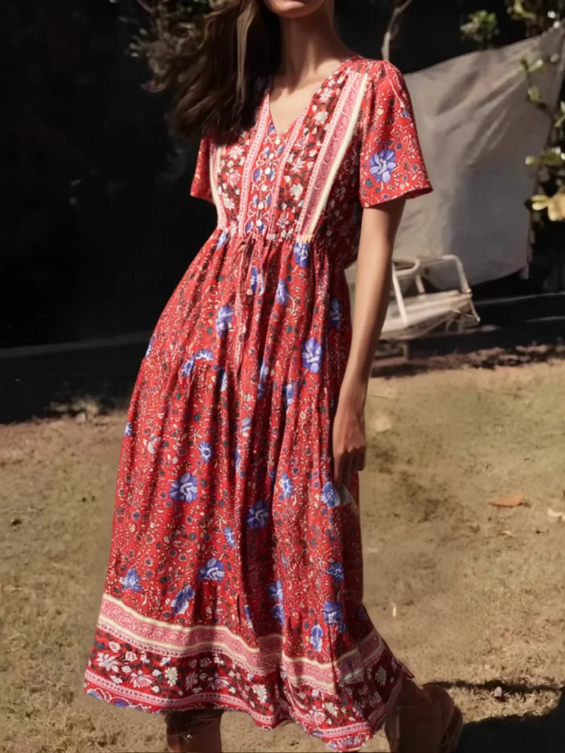 Green Floral Print Ruffles Sleeve Tassel V-neck Rayon Maxi Boho Dress - Image 3