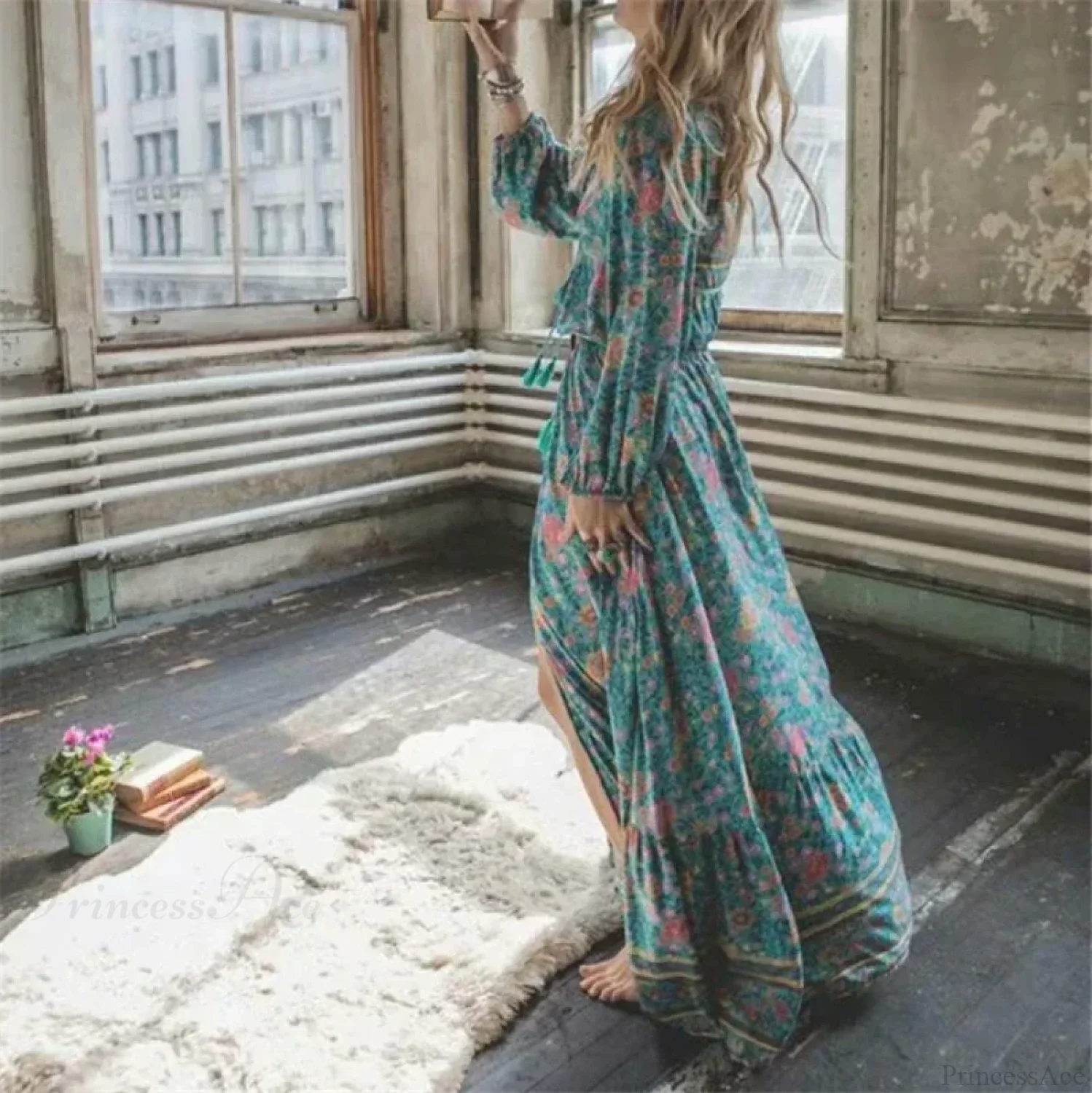 Green Floral Print Tassel Rayon Cotton Beach Maxi Boho Dress - Image 2