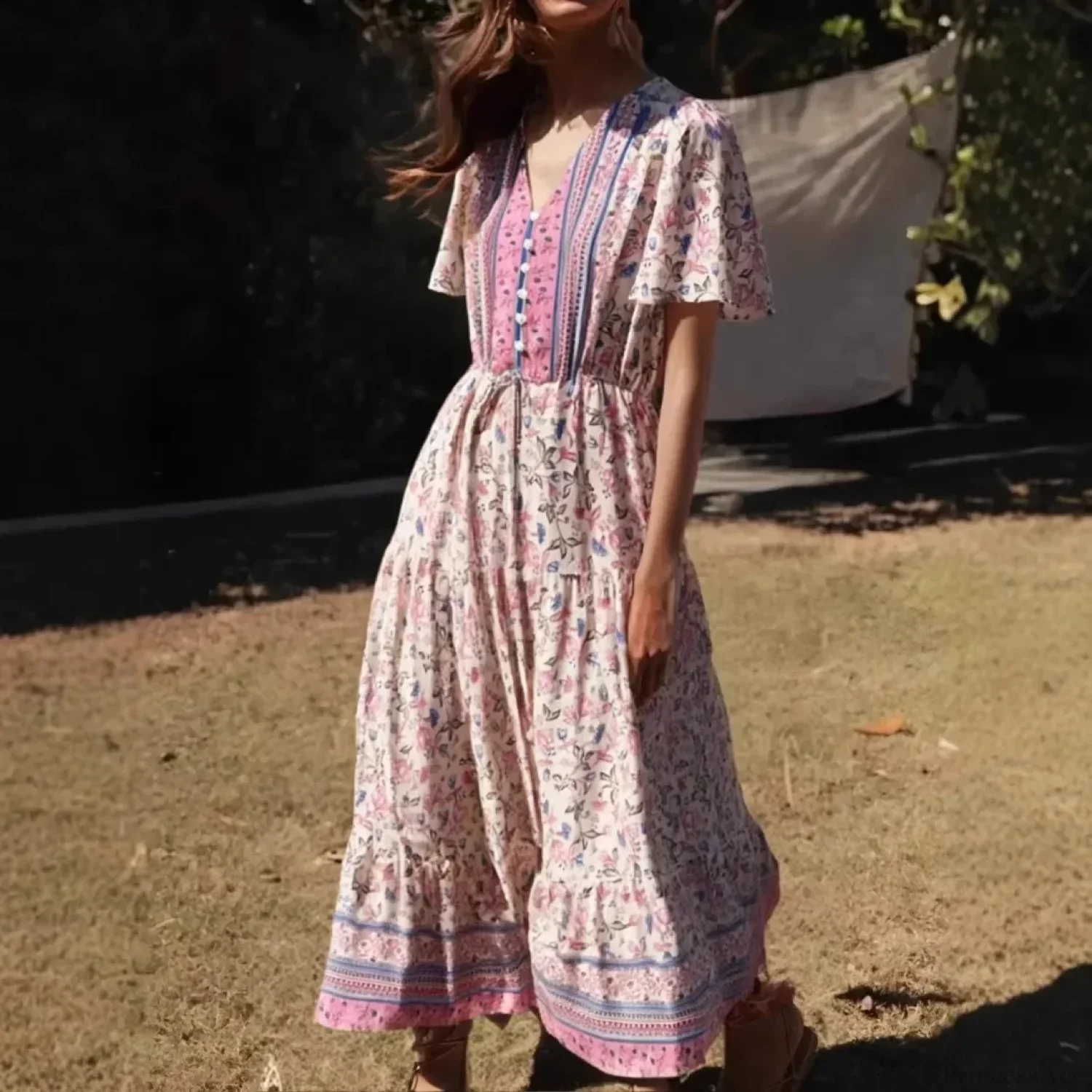 Green Floral Ruffles Sleeve Boho Dress - Image 2