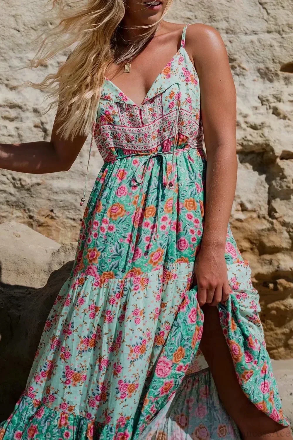 Green Floral Sleeveless Rayon Maxi Boho Dress - Image 2