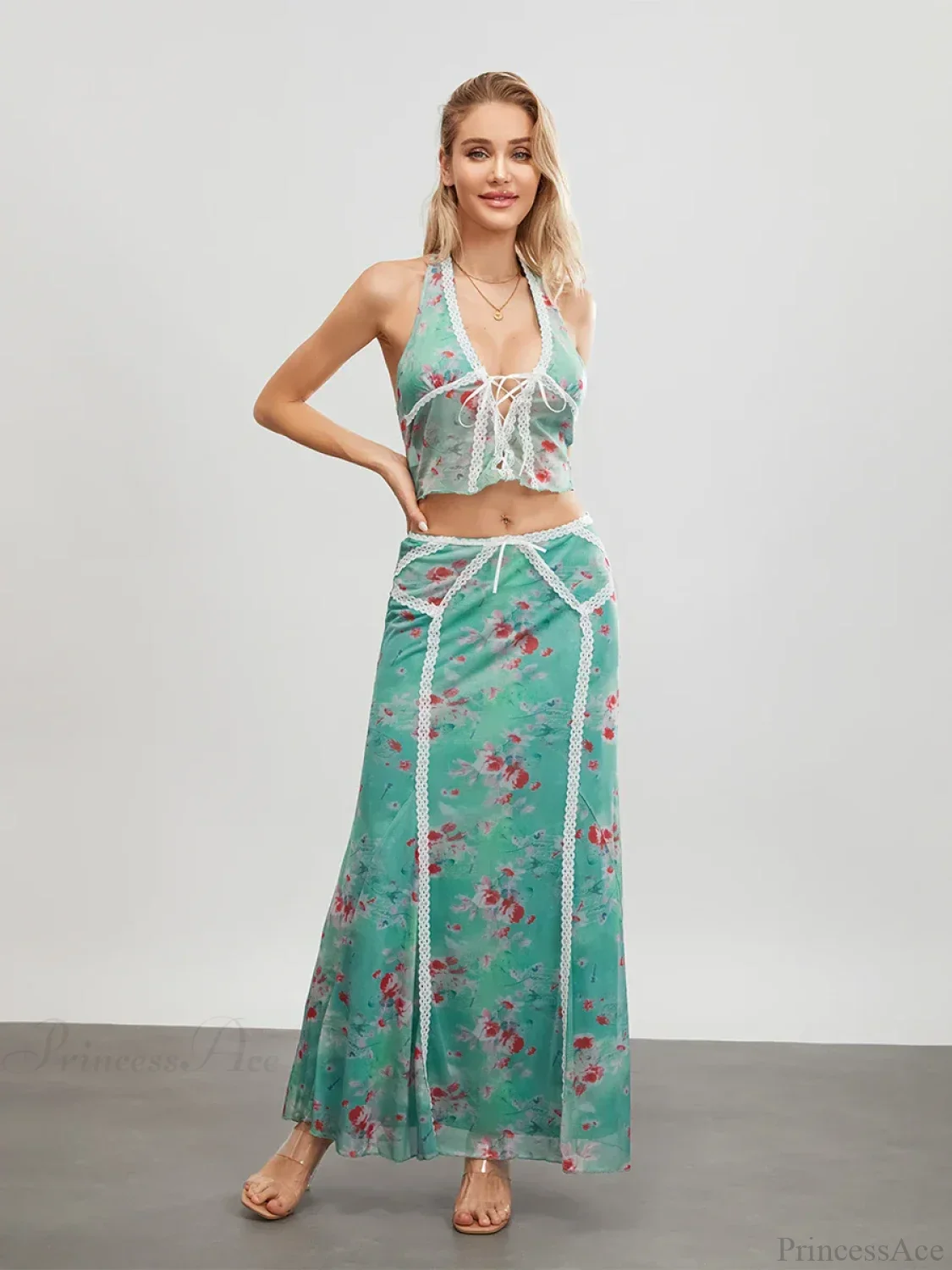 Green Floral Sleeveless Tie-up Halter Backless Long Floral Dress - Image 2