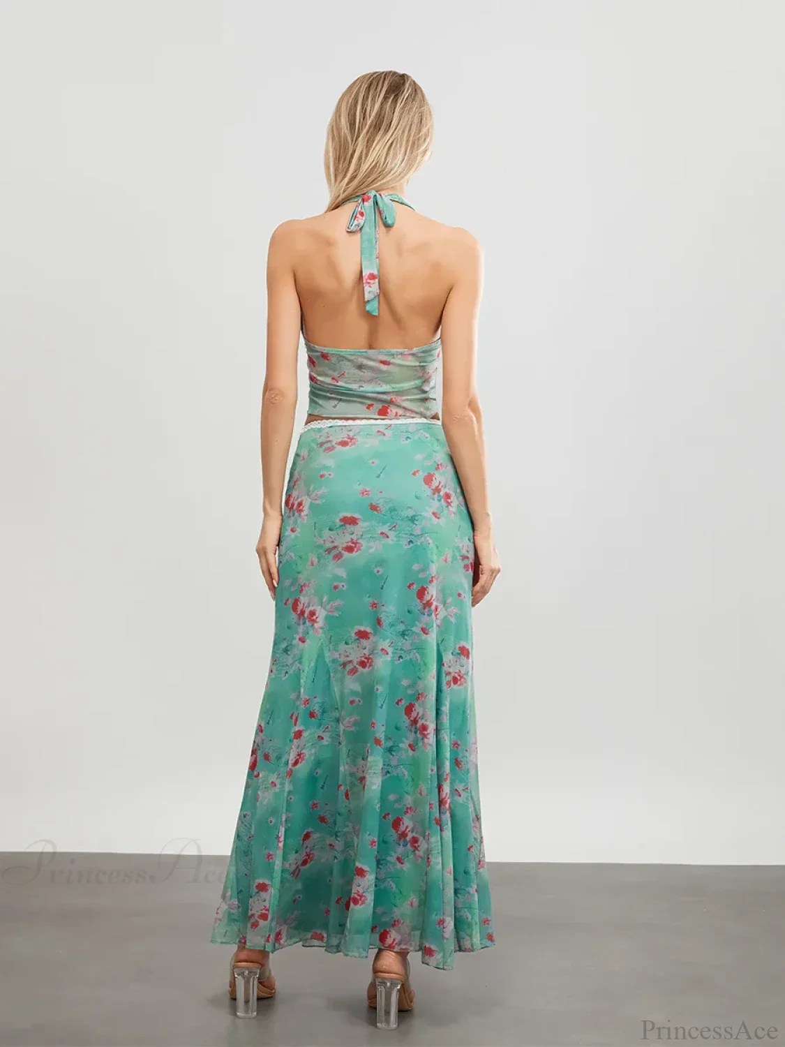 Green Floral Sleeveless Tie-up Halter Backless Long Floral Dress - Image 5
