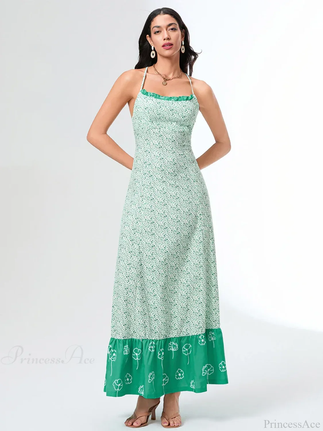 Green Floral Tie-up Back Cross Flowy Floral Dress - Image 3