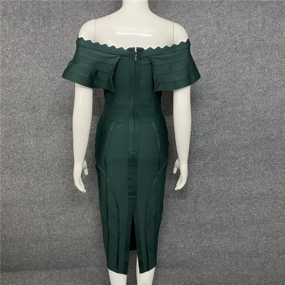 Green Ladies Bandage Dress Ruffles Slash Neck Bodycon Knee-Length Party Dress - Image 5