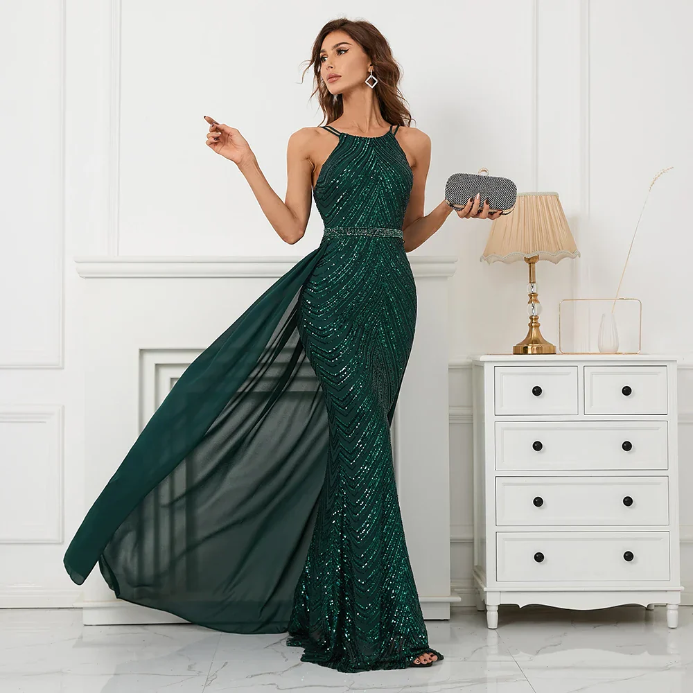 Green Off Shoulder Tassel Sequin Evening Dress Sexy Cross Back Party Dress - Image 4