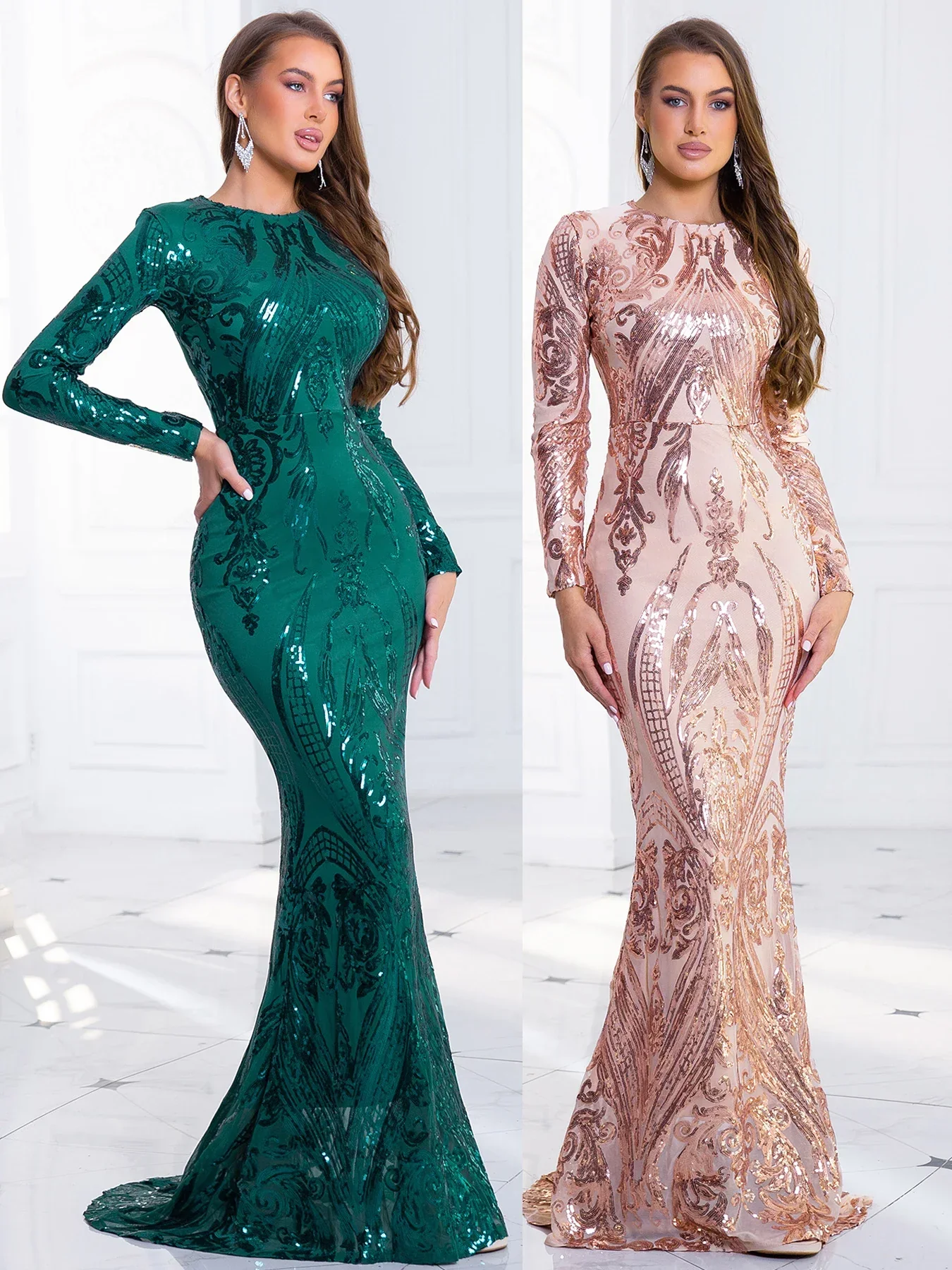 Green Stretch Sequin Long Sleeve Evening Night Prom Dress Bodycon Party Dress - Image 4