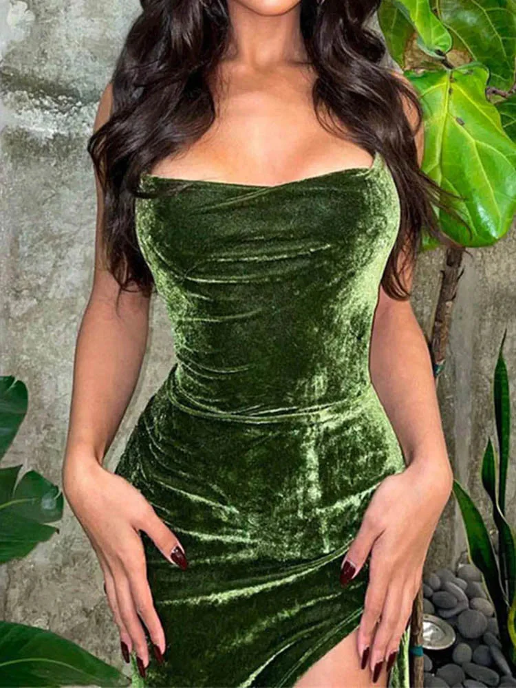 Green Velvet Lace-Up Maxi Dress - Backless Bodycon Party Dress - Image 3