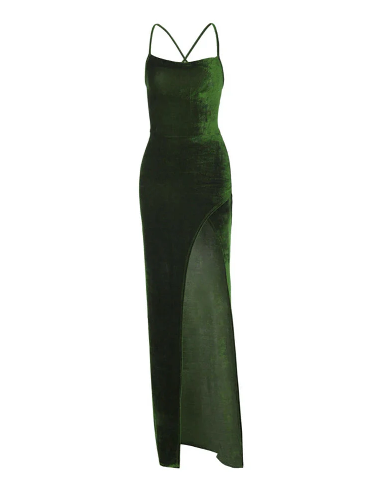 Green Velvet Lace-Up Maxi Dress - Backless Bodycon Party Dress - Image 5