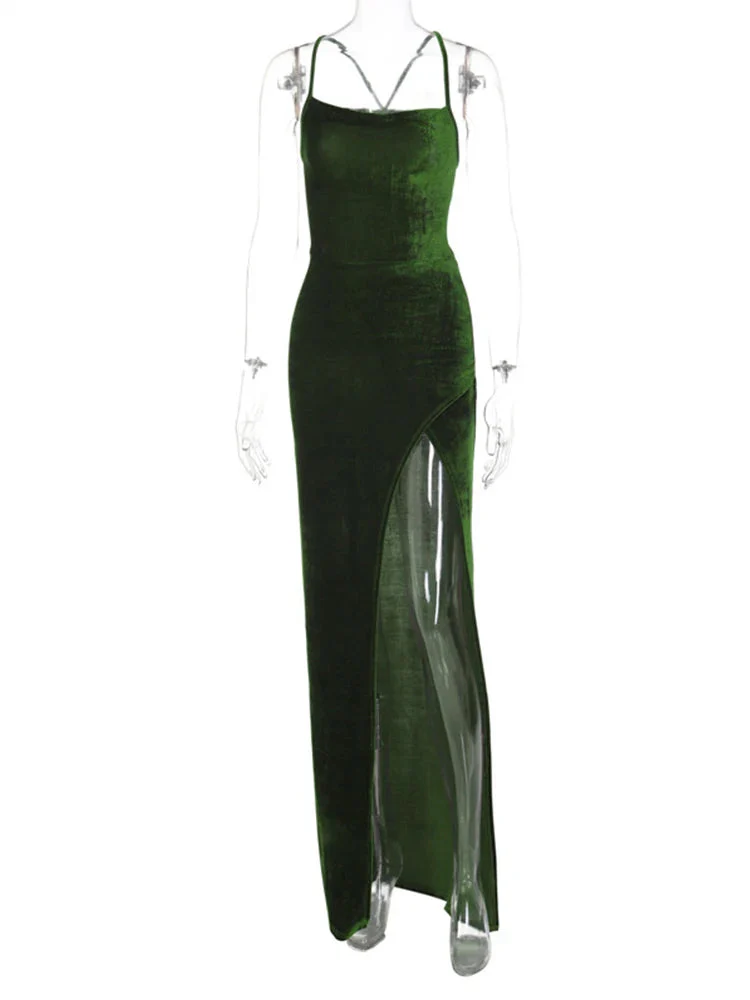Green Velvet Lace-Up Maxi Dress - Backless Bodycon Party Dress - Image 6
