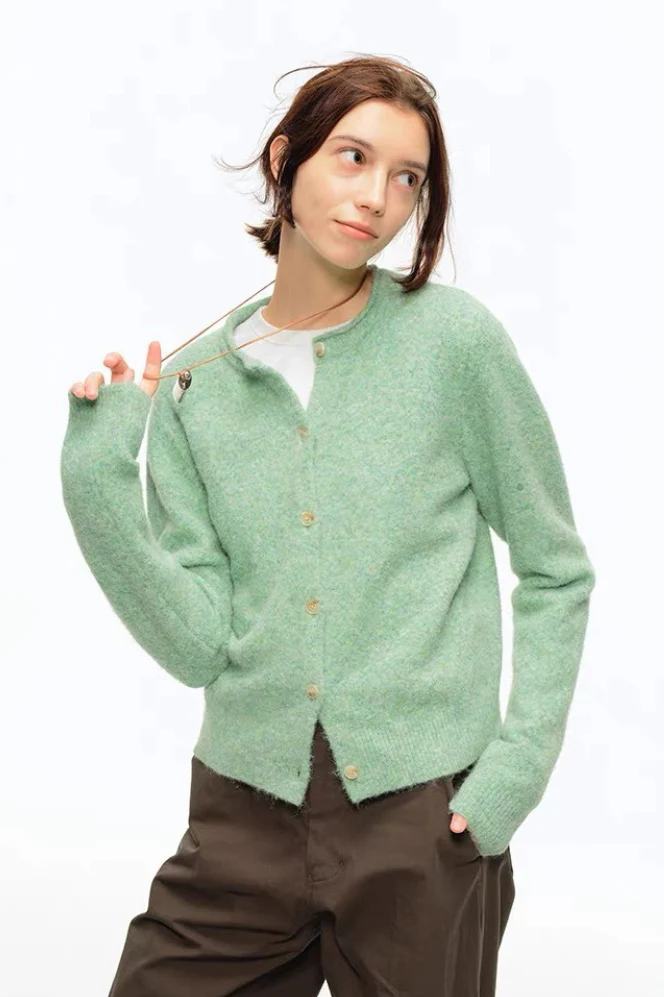 Green Wool Blend Crew Neck Knit Cardigan - Image 2