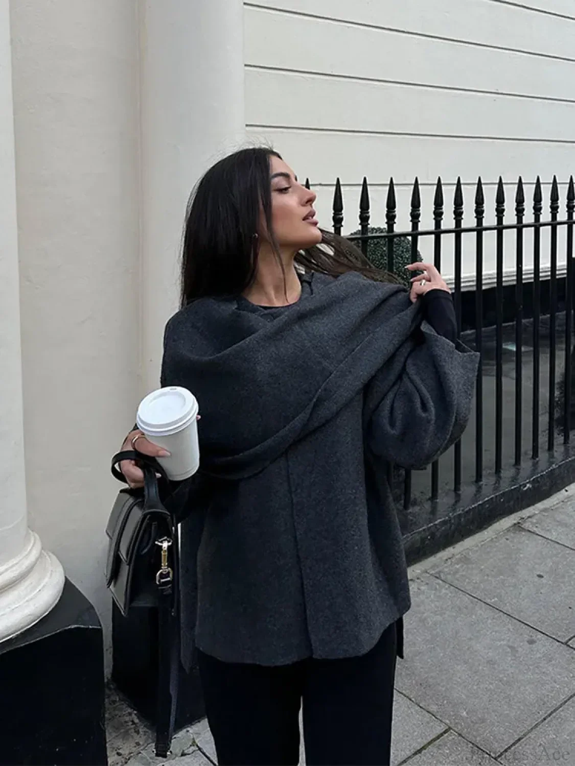 Grey Scarf Collar Woolen Coat - Image 3