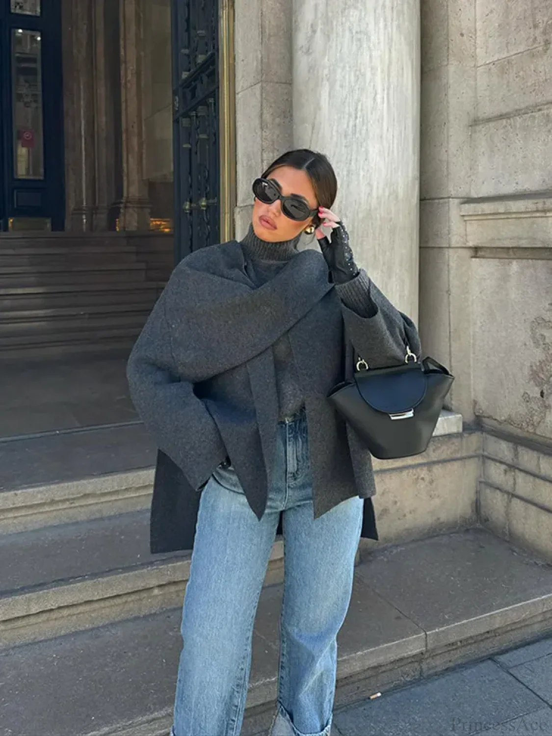 Grey Scarf Collar Woolen Coat - Image 5