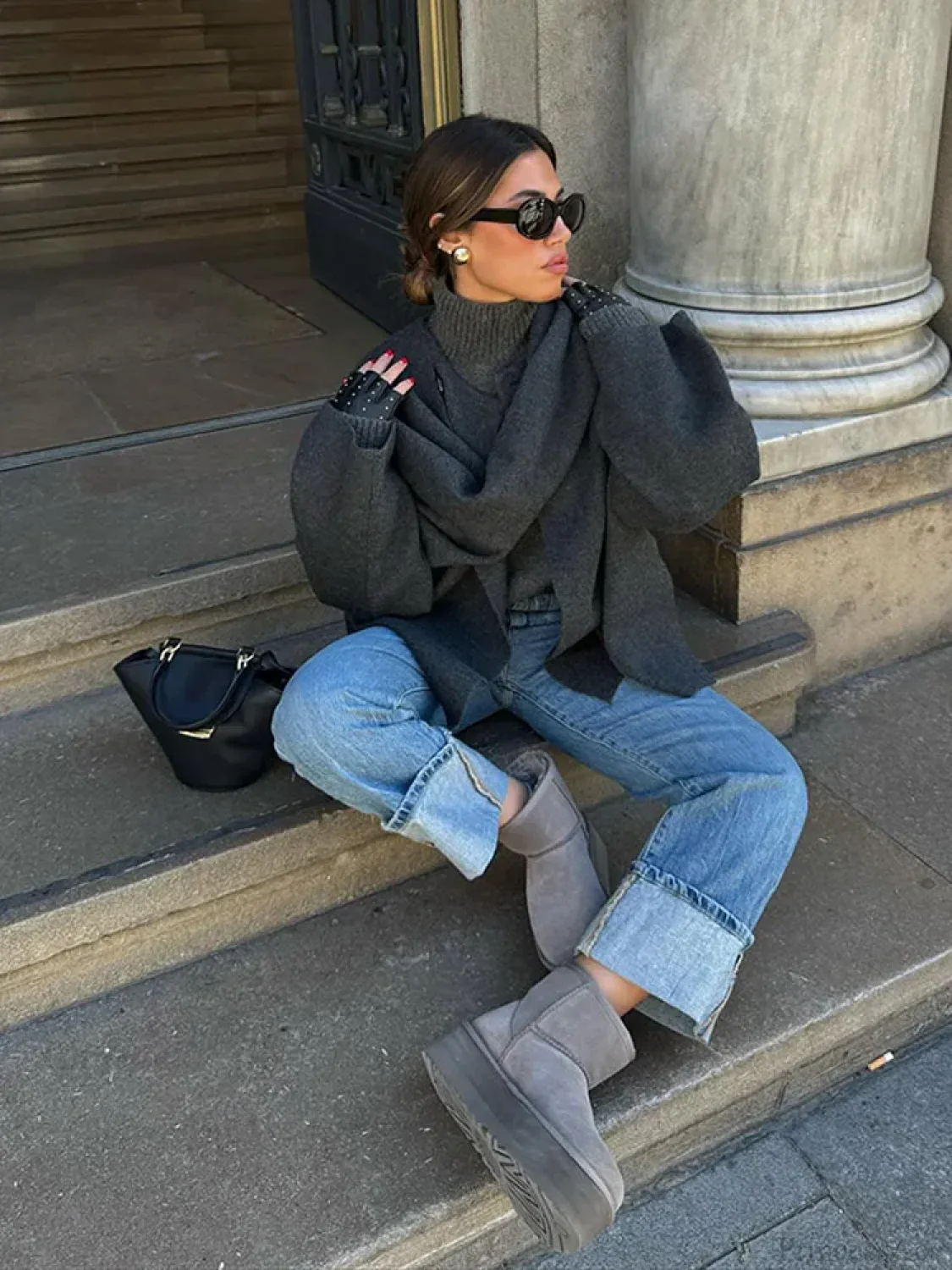Grey Scarf Collar Woolen Coat - Image 6
