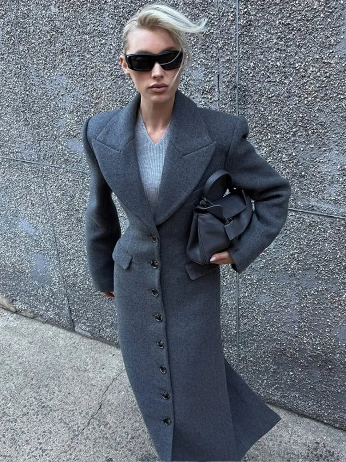 Grey Single Breasted Wool Coat - Image 2