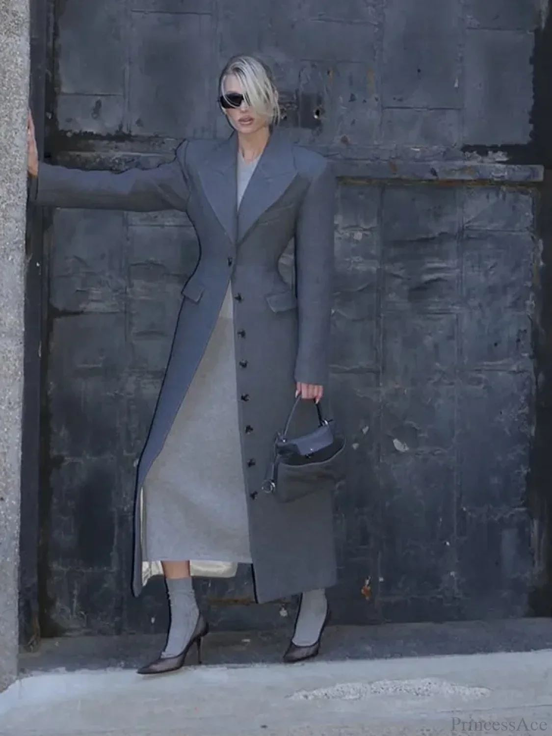 Grey Single Breasted Wool Coat - Image 4