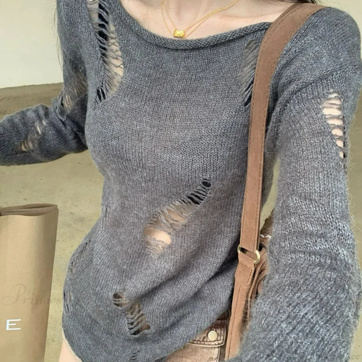 Grunge Hollow Out Knitted Sweater Slim Thin Pullover Knit Top